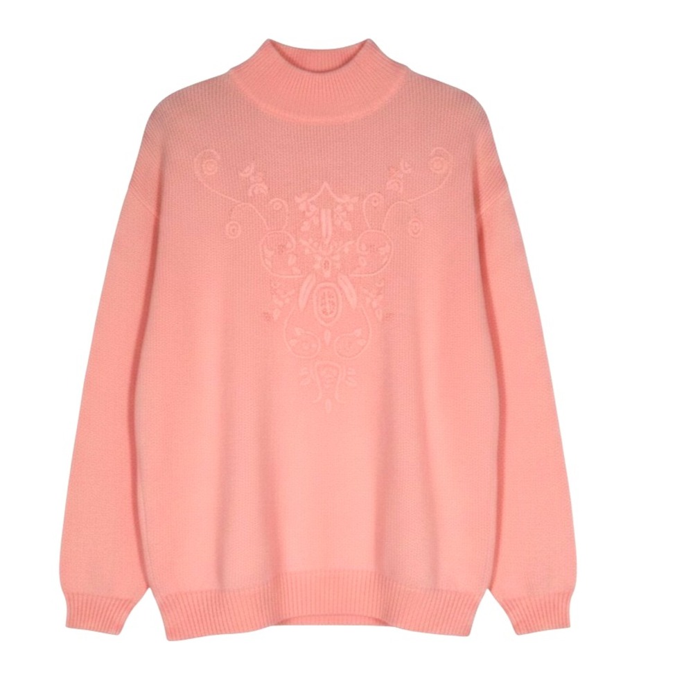VTG SHERIDAN SQUARE Pink FLORAL EMBROIDERED Ribbed Trim MOCK NECK Sweater Sz M